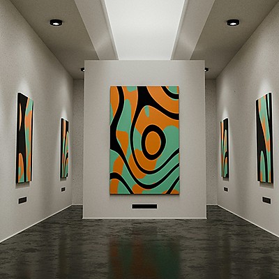  A spacious room adorned with various paintings displayed on the walls, creating an artistic atmosphere.